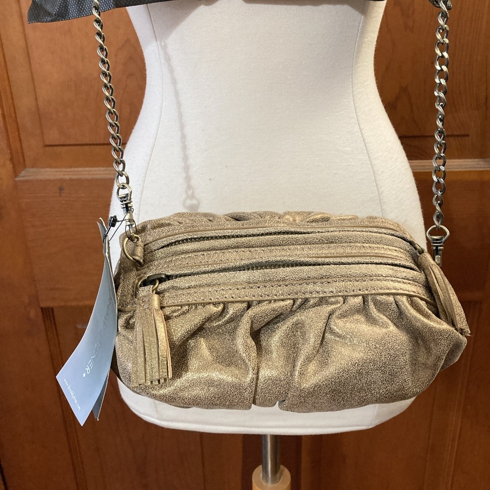 Donald J Pliner Rushed Cross Shoulder Bag New Bronze Gold Metallic Chain Luxury